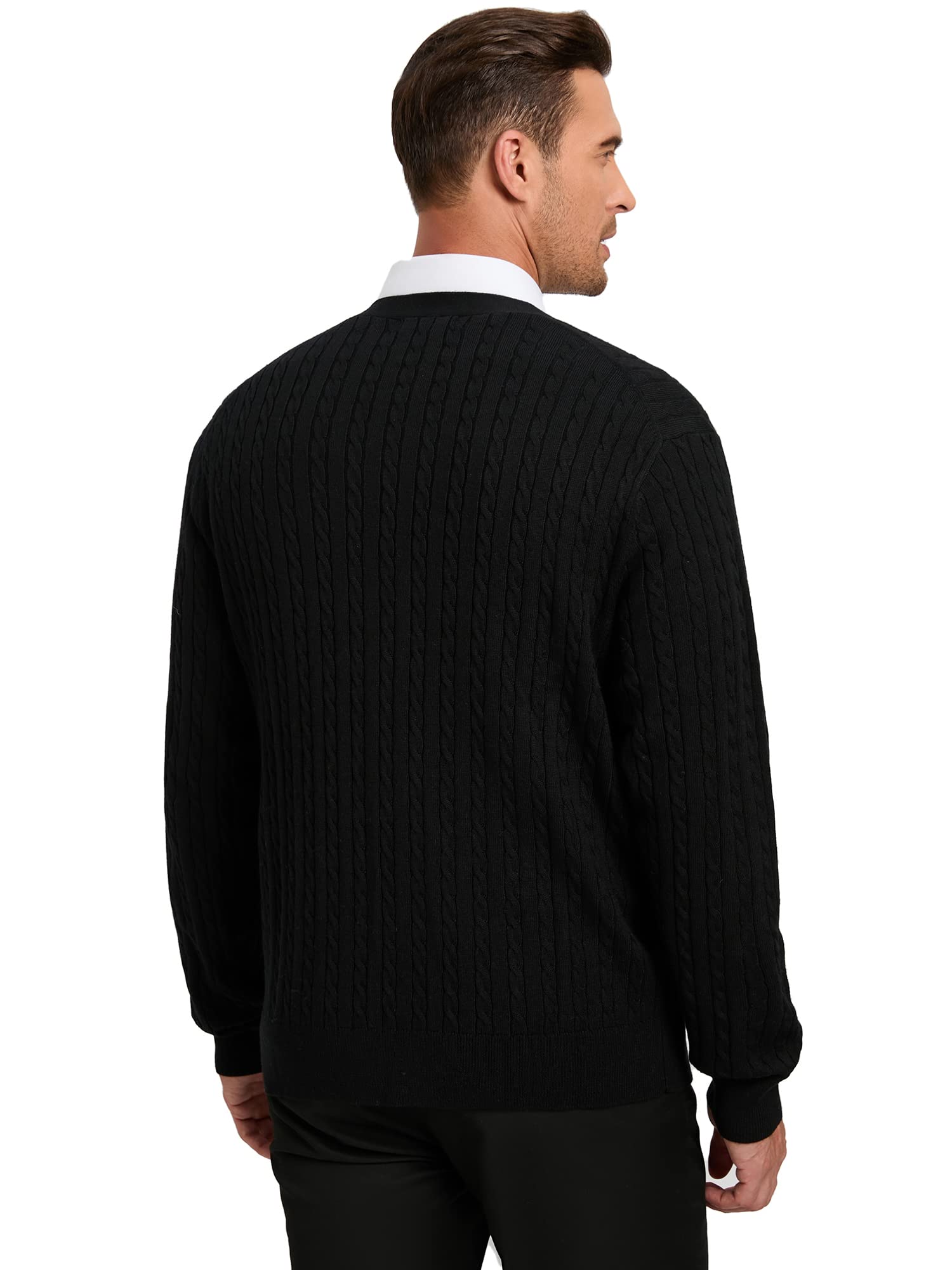 Kallspin Men's Cardigan Sweater Cashmere Wool Blend Cable Knit V Neck Buttons Cardigan with Pockets(Black, Medium)
