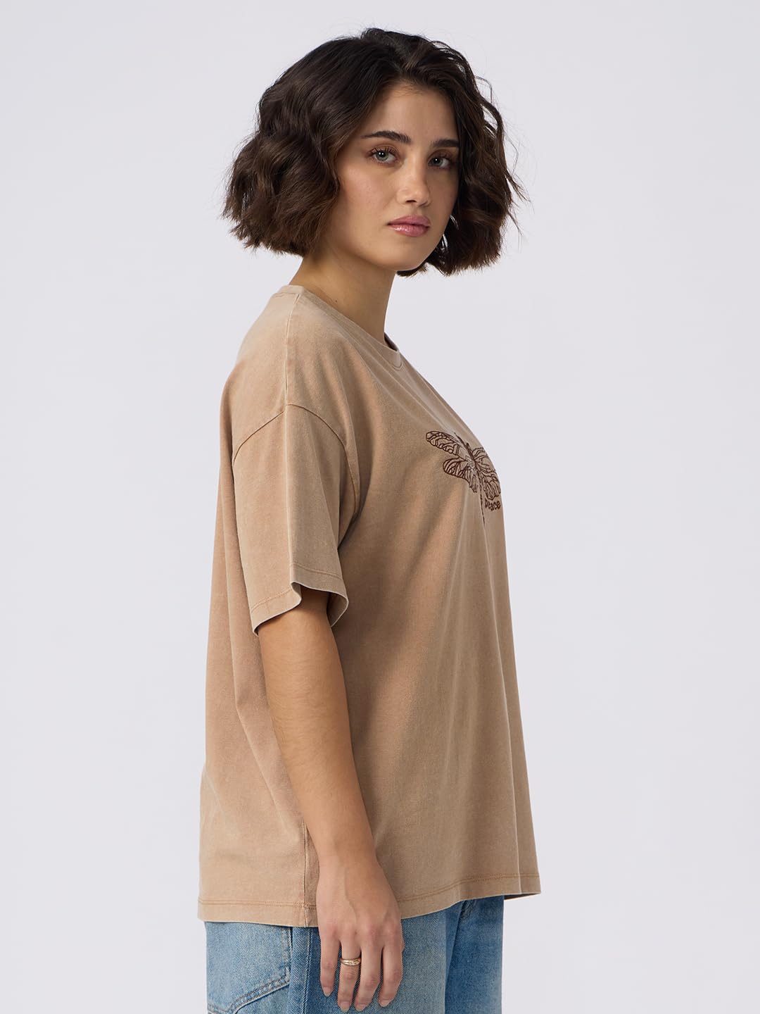 The Souled Store Dragonfly Peace Women and Girls Short Sleeves Round Neck Brown Embroidered Cotton Oversized T-Shirts