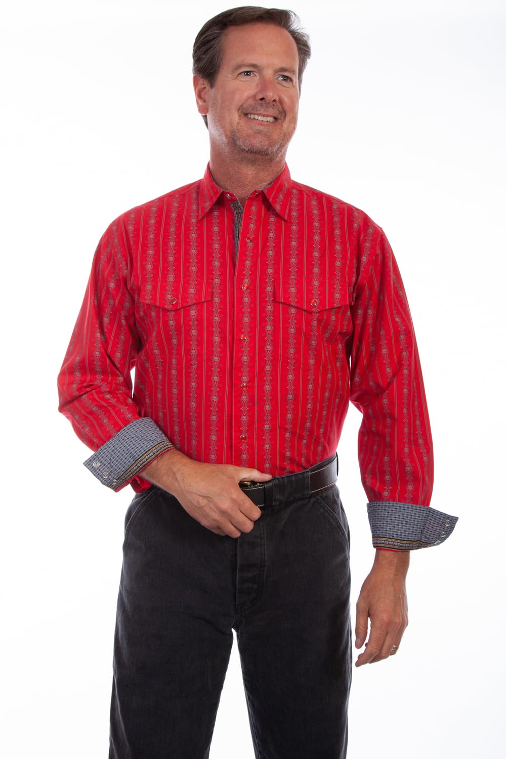 Scully Mens Skull Striped Long Sleeve Pearl Snap Western Shirt - PS-093-RED-New Condition