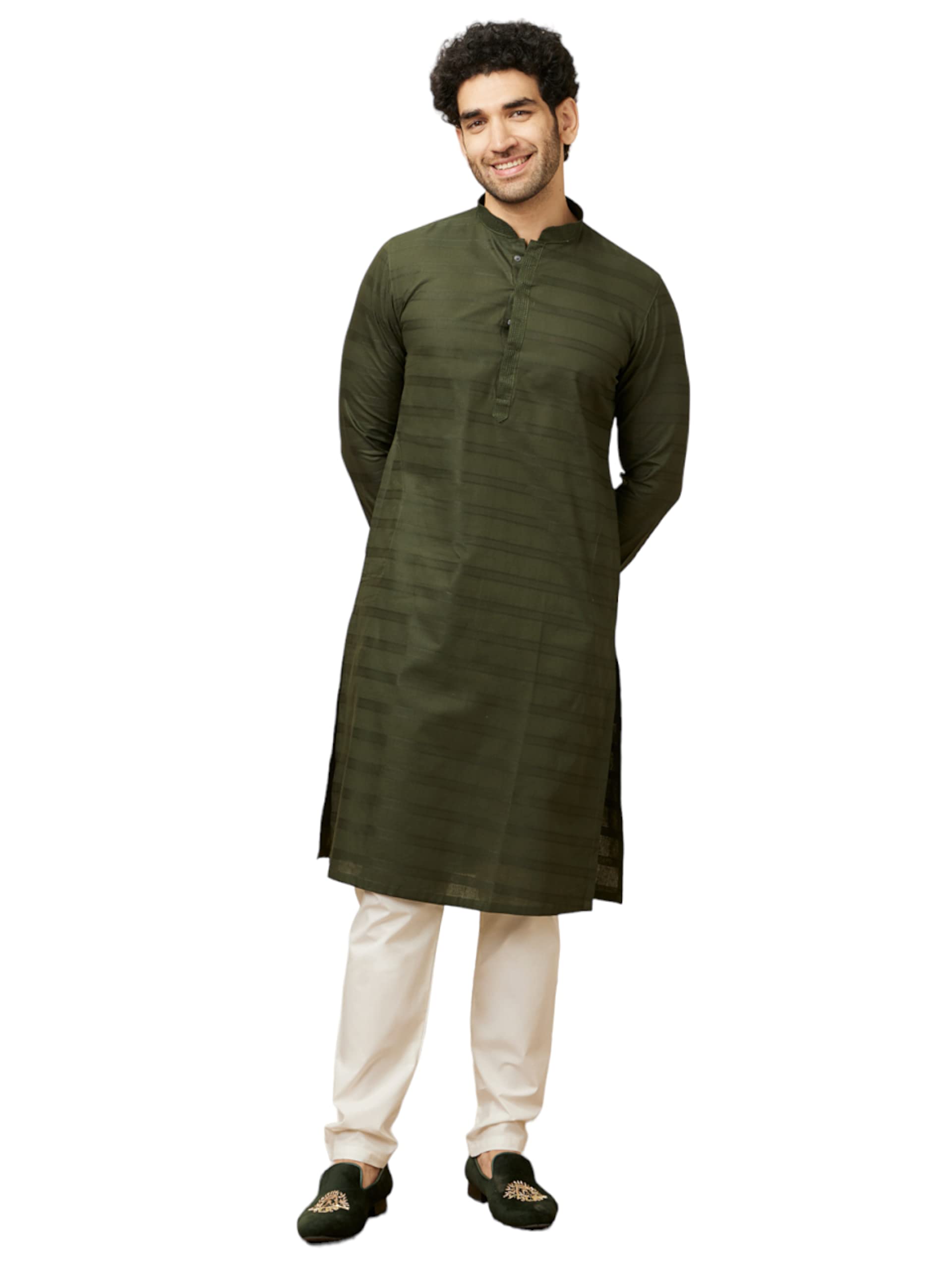 Manyavar Mens Cotton Self Design Casual, Traditional Full Sleeves Kurta Payjama Set (Green, XXL)