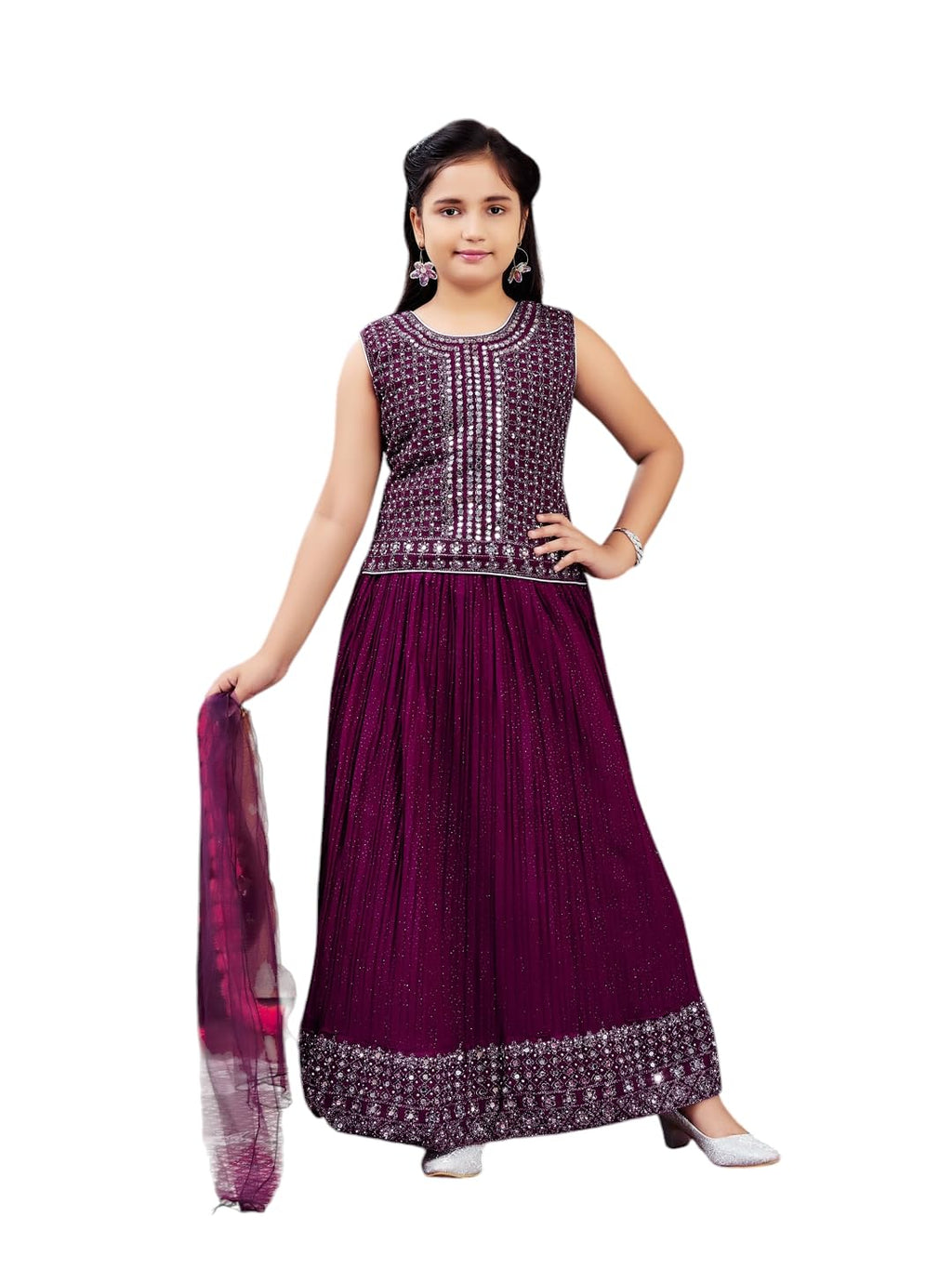 Aarika Girls Ethnic Wear Purple Colour Mirror Embroidery Georgette Lehenga Choli Set (10-15 Years)