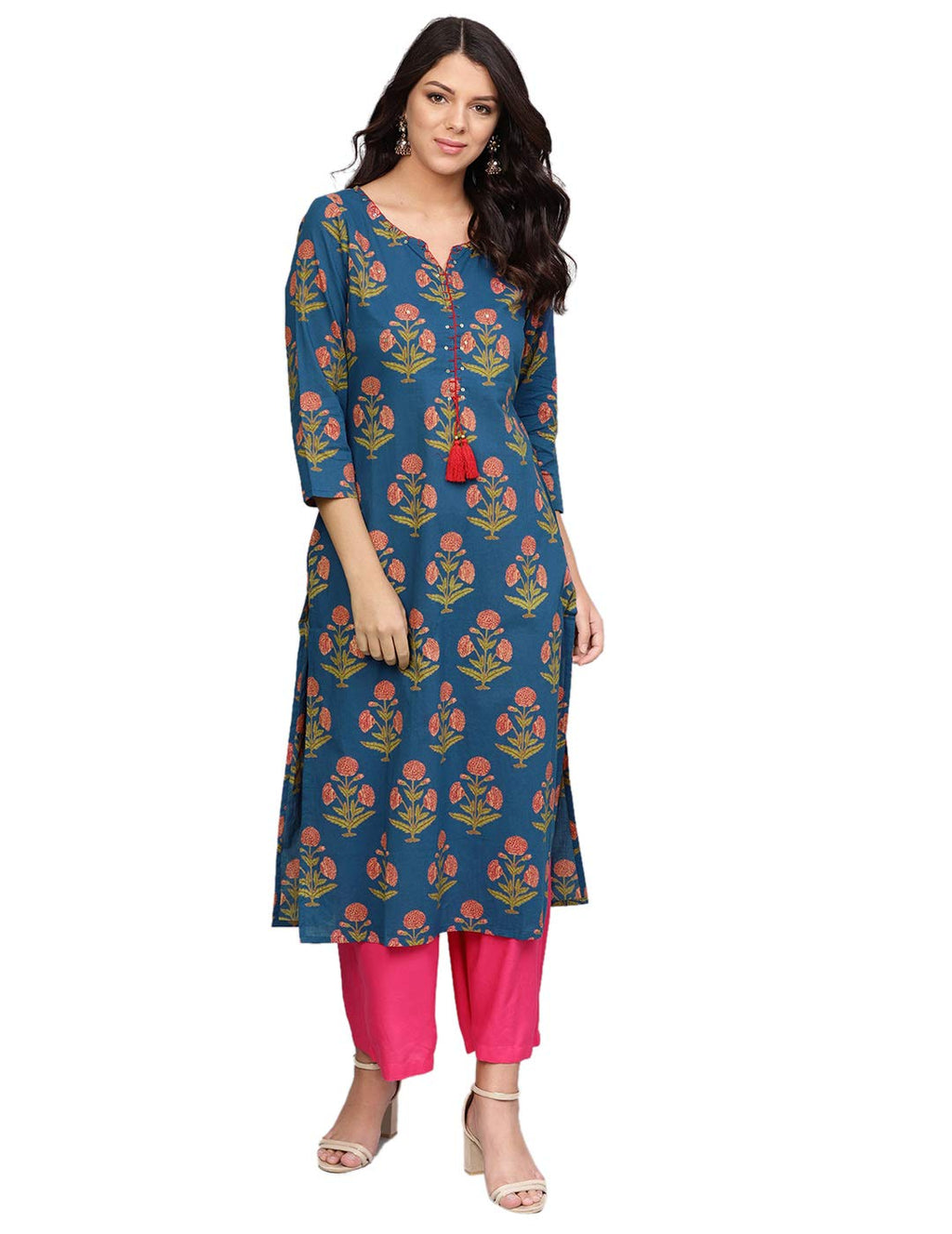 Varanga Women'S Cotton Kurta (Vark229852_Navy Blue_Medium)