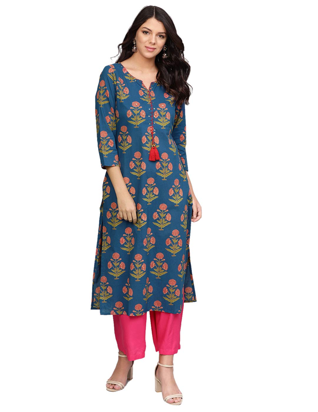 Varanga Women'S Cotton Kurta (Vark229852_Navy Blue_Medium)