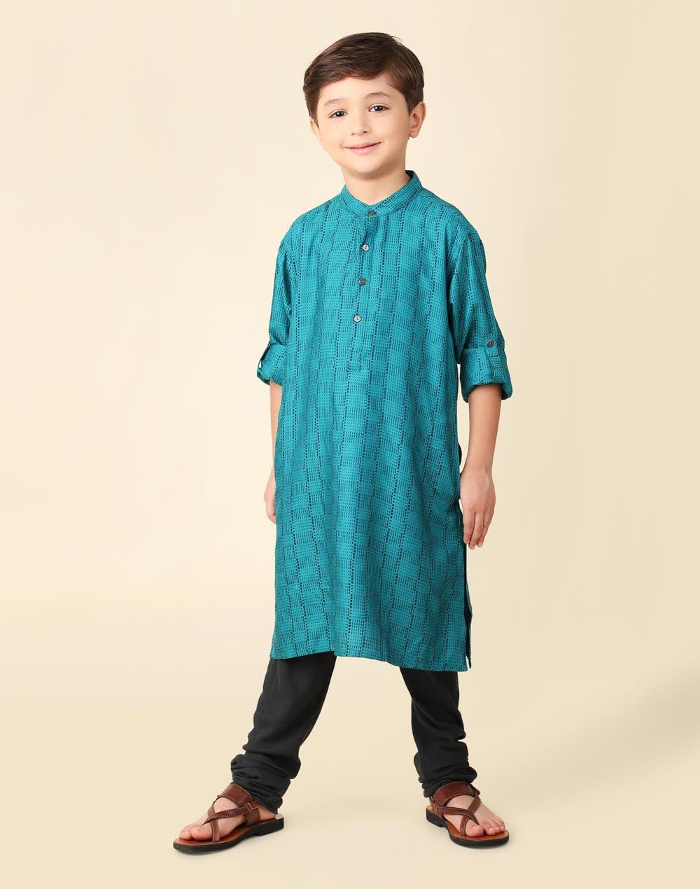 Fabindia Boys Viscose Blend Self Design Regular Kurta (1031840TEAL_Teal