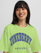 Juneberry 100% Pure Cotton Oversized Drop Shoulders Brand Logo Typography Print Round-Neck Relaxed Fit Green T-Shirt For Women (