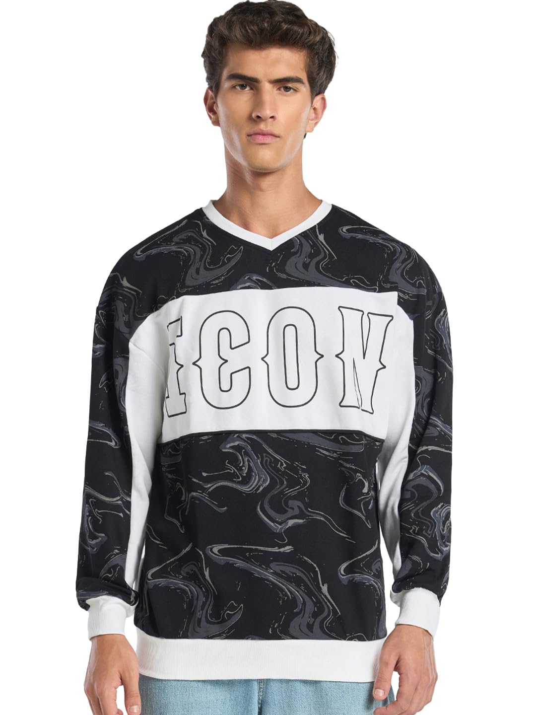 Bewakoof Heavy Duty 1.0 MenS Colorblock Oversized Fit Full Sleeve V-Neck Fleece Blend Sweatshirt_644601_White_S