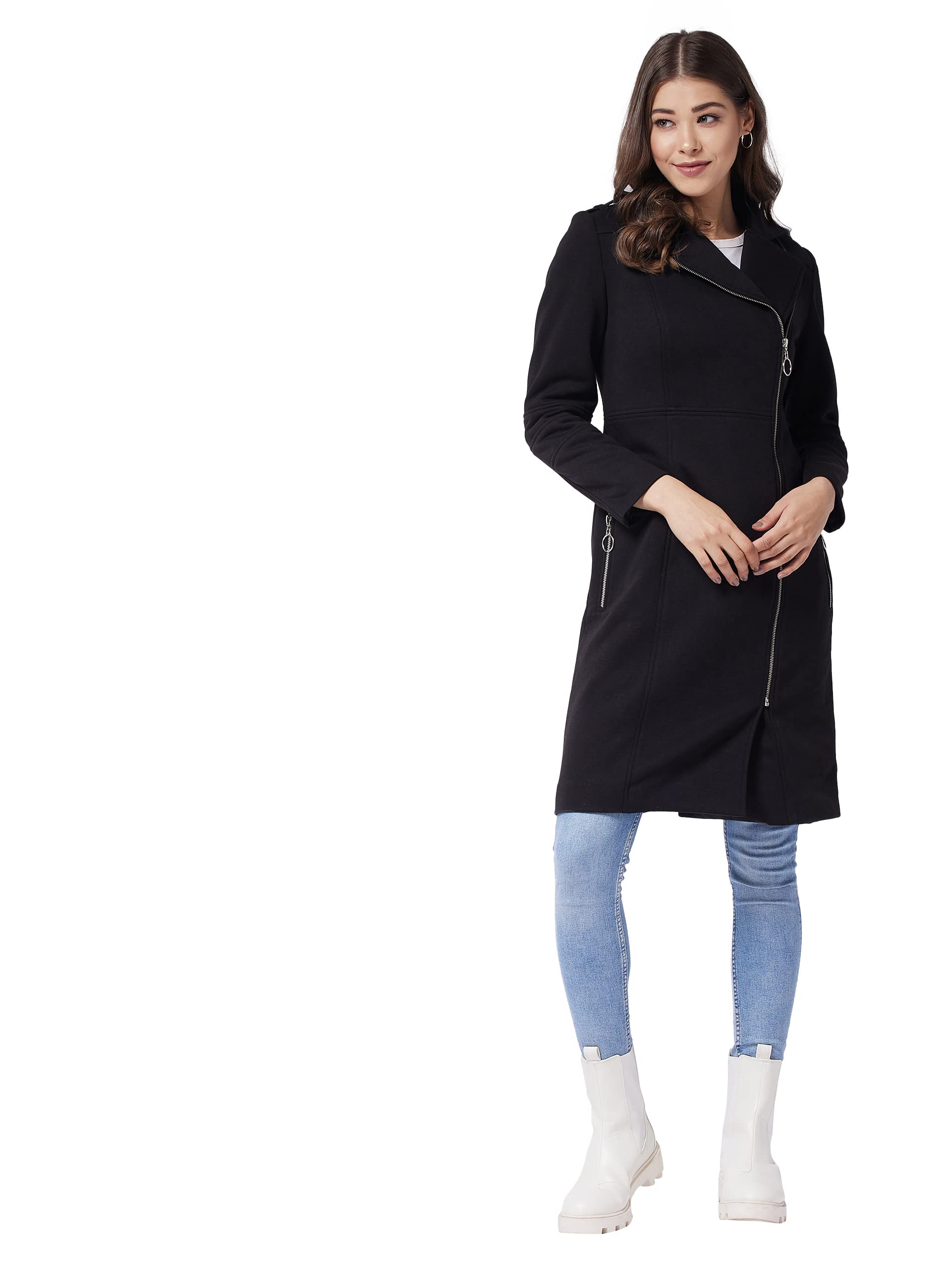 Miss Chase WomenS Black V-Neck Full Sleeve Solid Knee Length Jacket (Mcaw21Jkt03-43-62-06,Black,Xl)