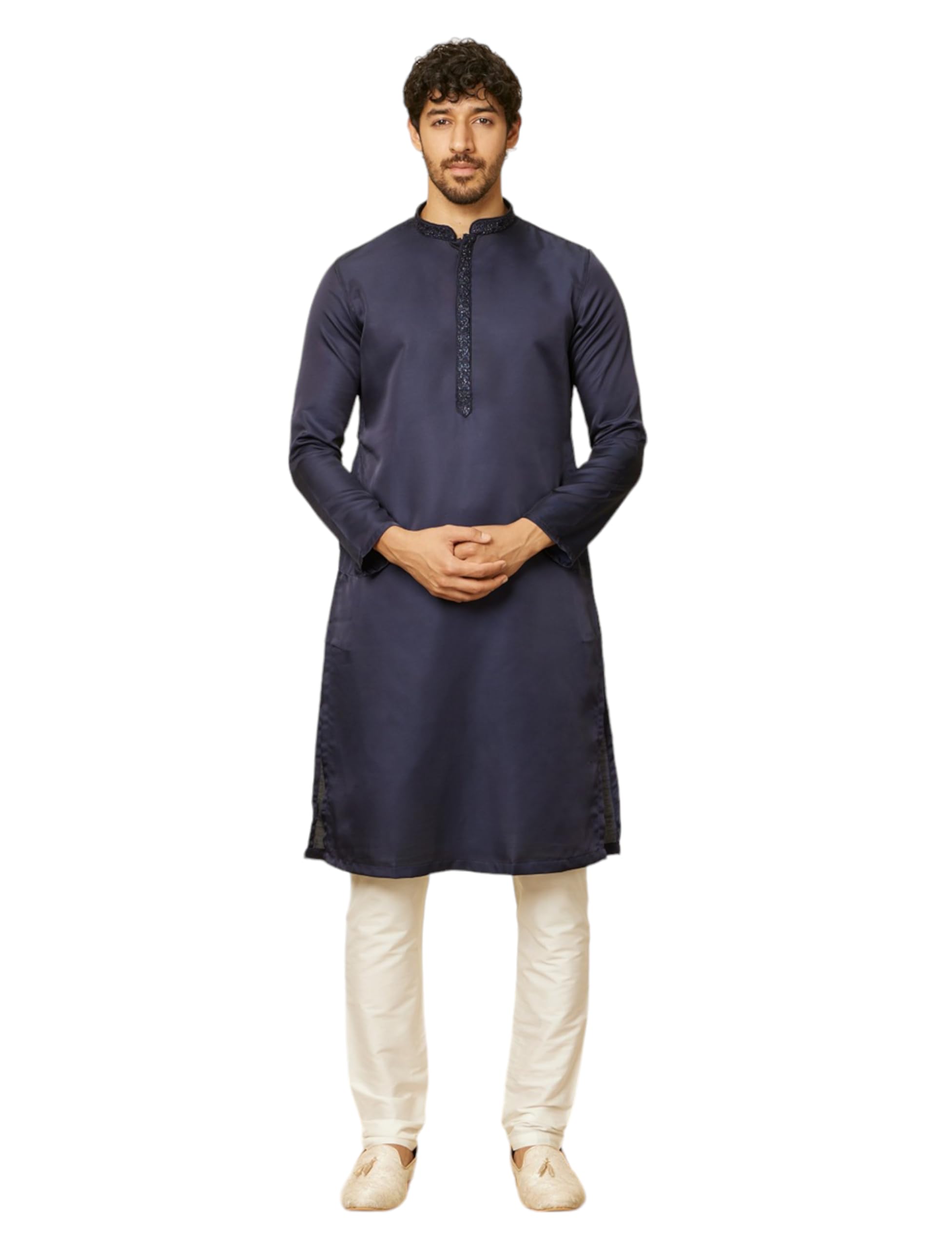 Manyavar Mens Blue Satin Solid Kurta Pyjama Set