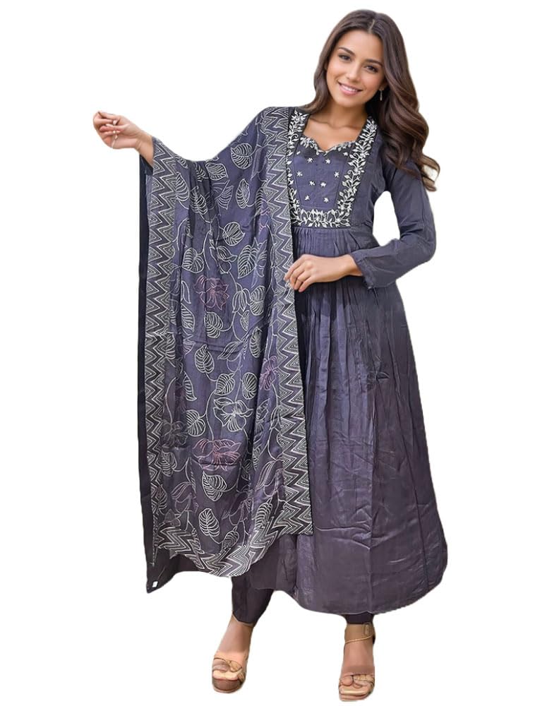 ANNI DESIGNER Womens Rayon Blend Anarkali Embroidered Kurta with Pant & Dupatta (ANANDHI Purple_S_Purple_Small)