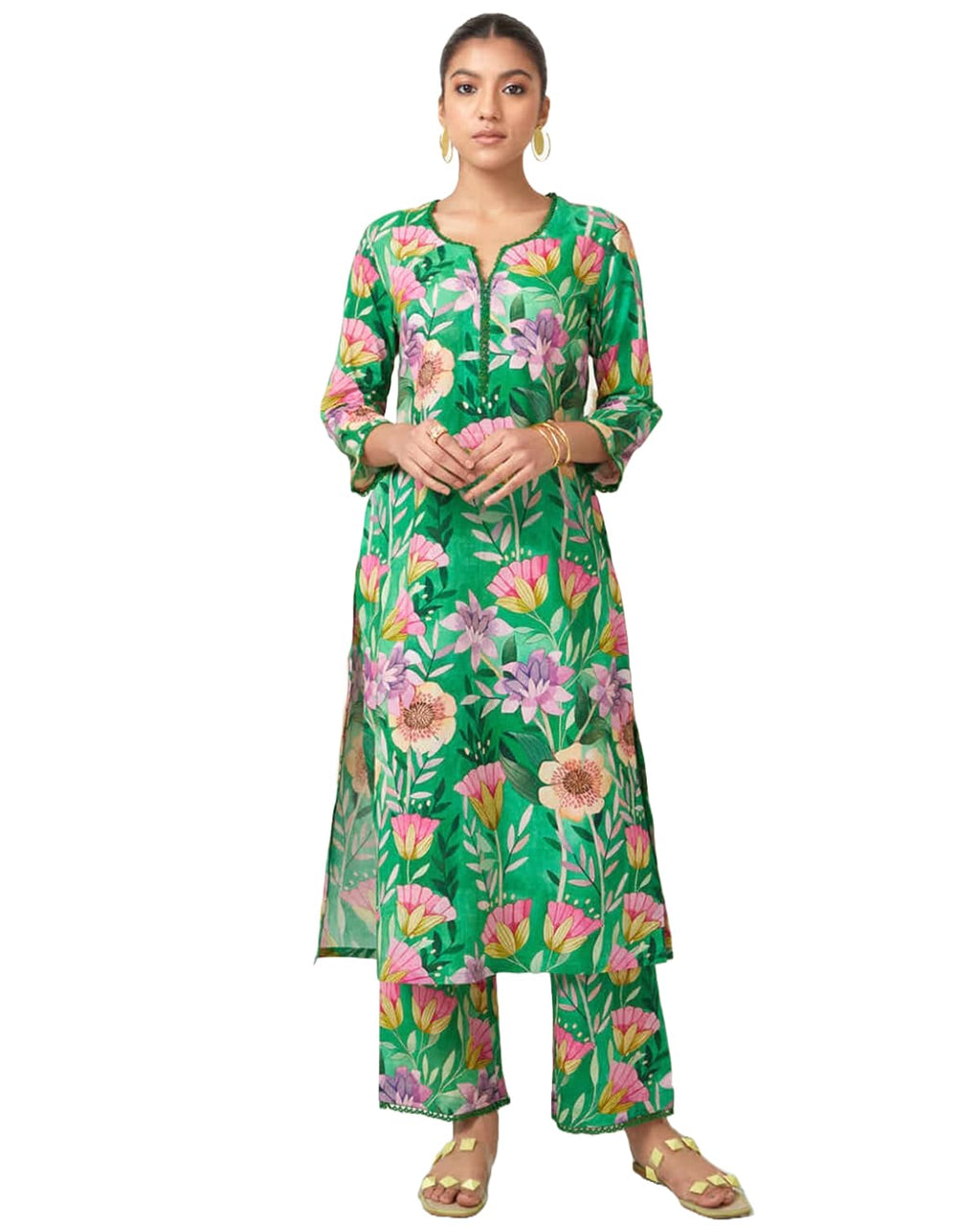 ANNI DESIGNER Womens Cotton Blend Straight Printed Kurta with Palazzo (Kanya Green_XXL_Green_XX-Large)
