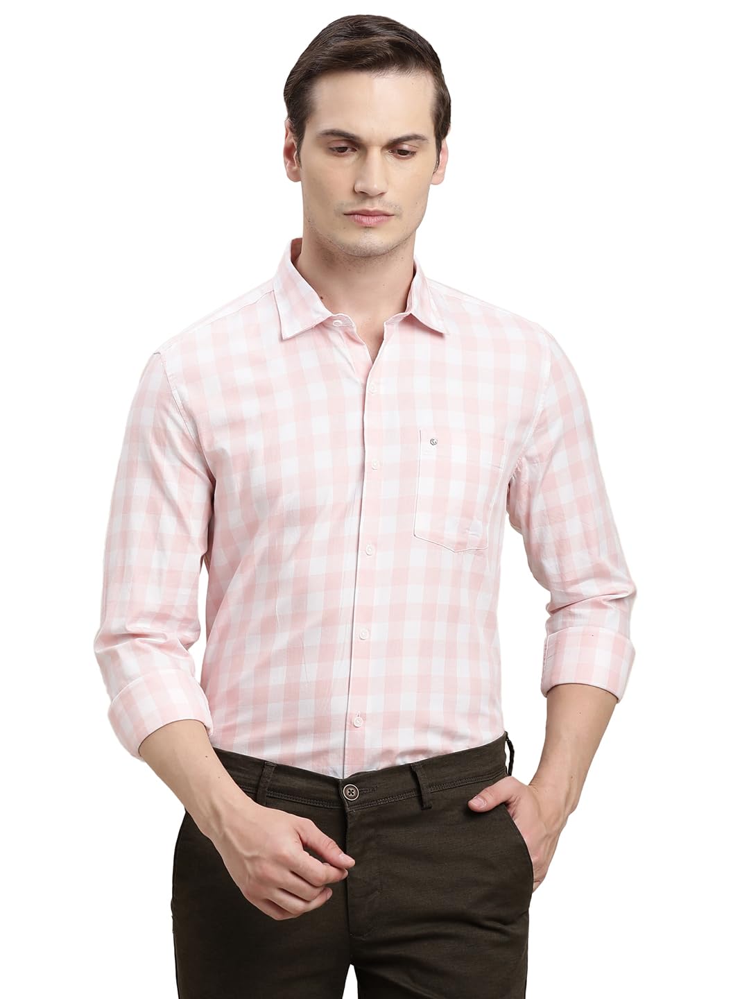 Turtle Men Pure Cotton Slim Fit Checkered Light Pink Casual Shirt