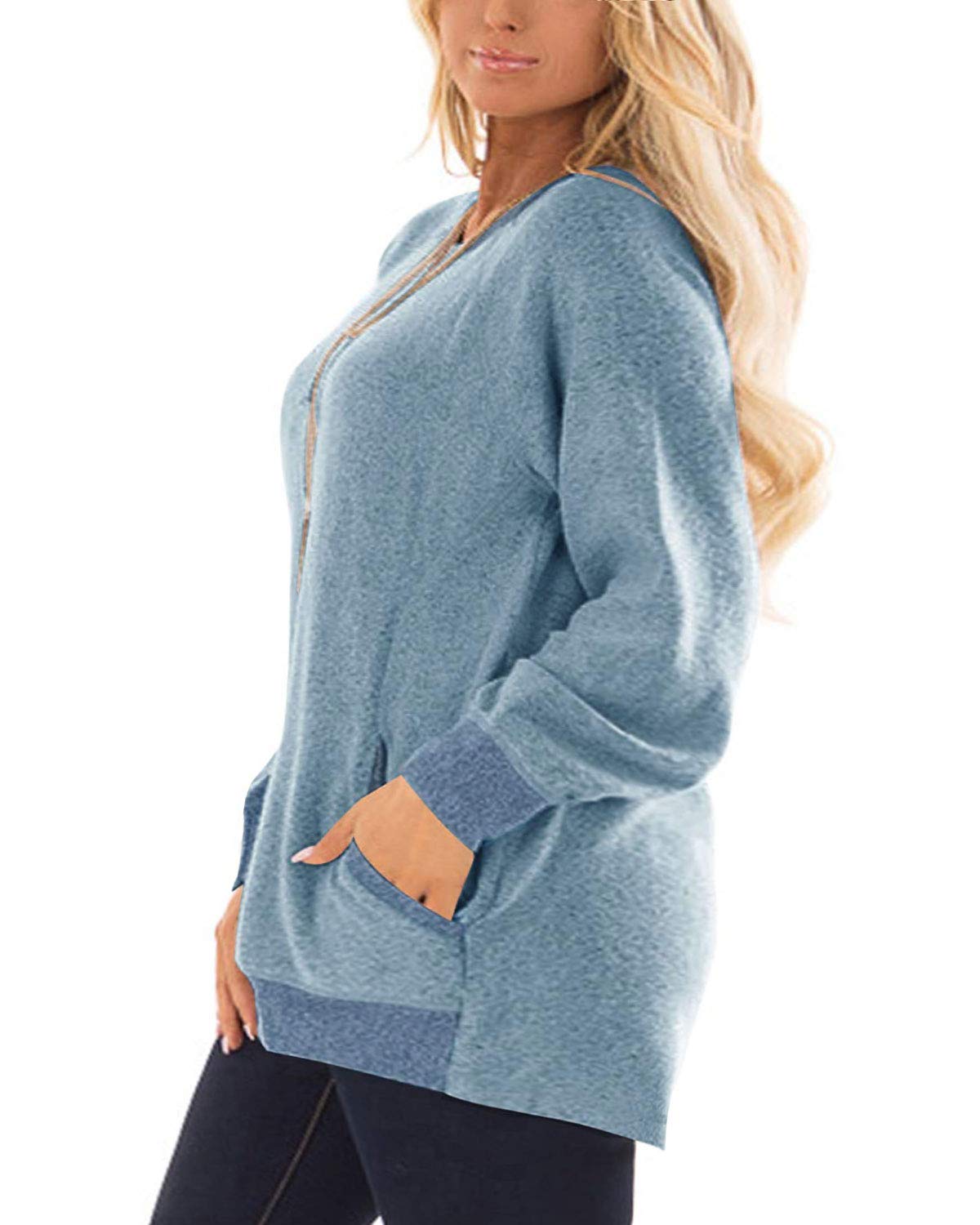 DOLNINE Womens Plus Size Tops Color Block Pocket Sweatshirts Long Sleeve Tunics Blue-16W