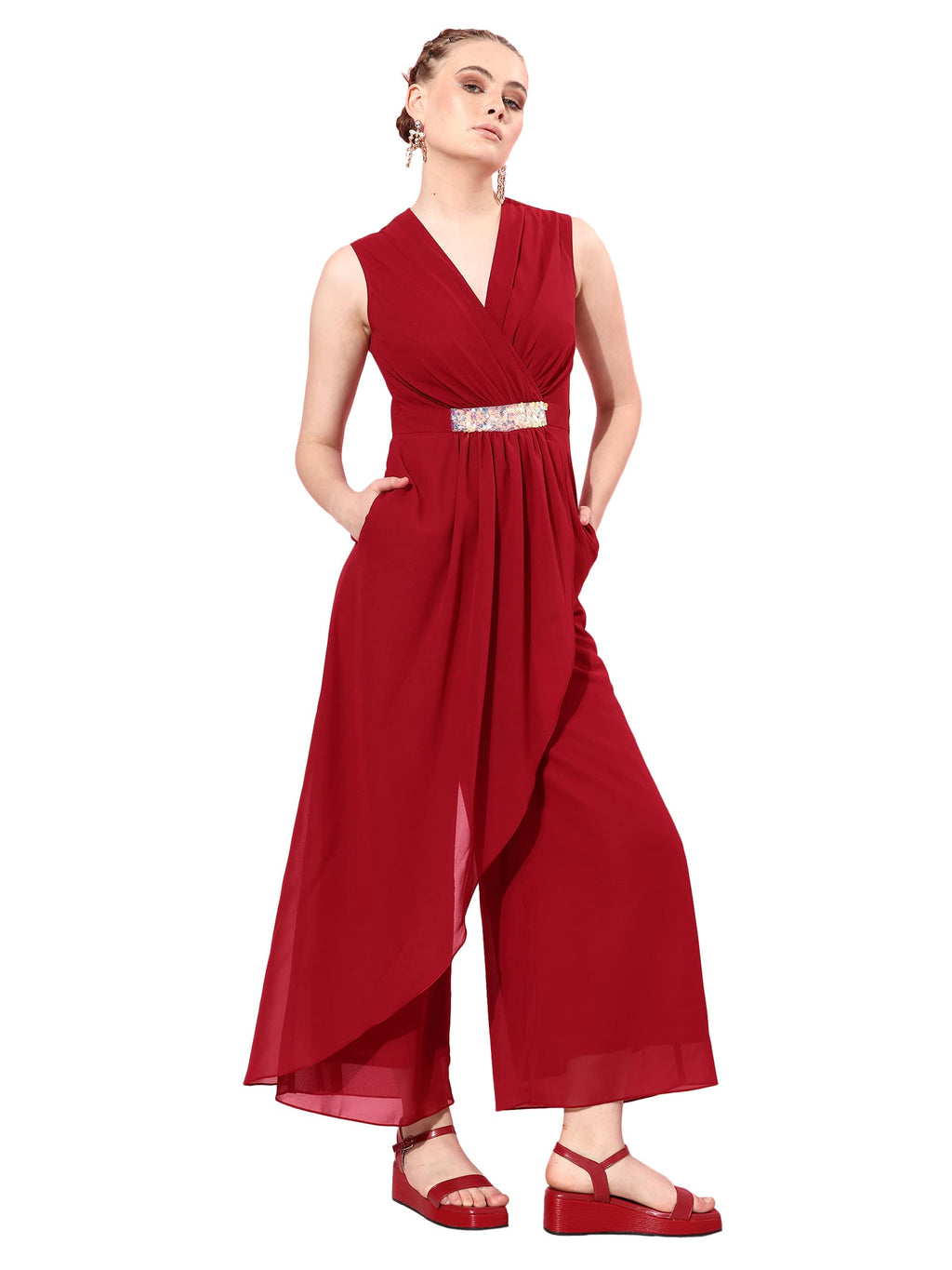 Miss Chase WomenS V-Neck Sleeveless Embellished Wrap Jumpsuit (Mcss25D91-84-143-06, Maroon, Xl)