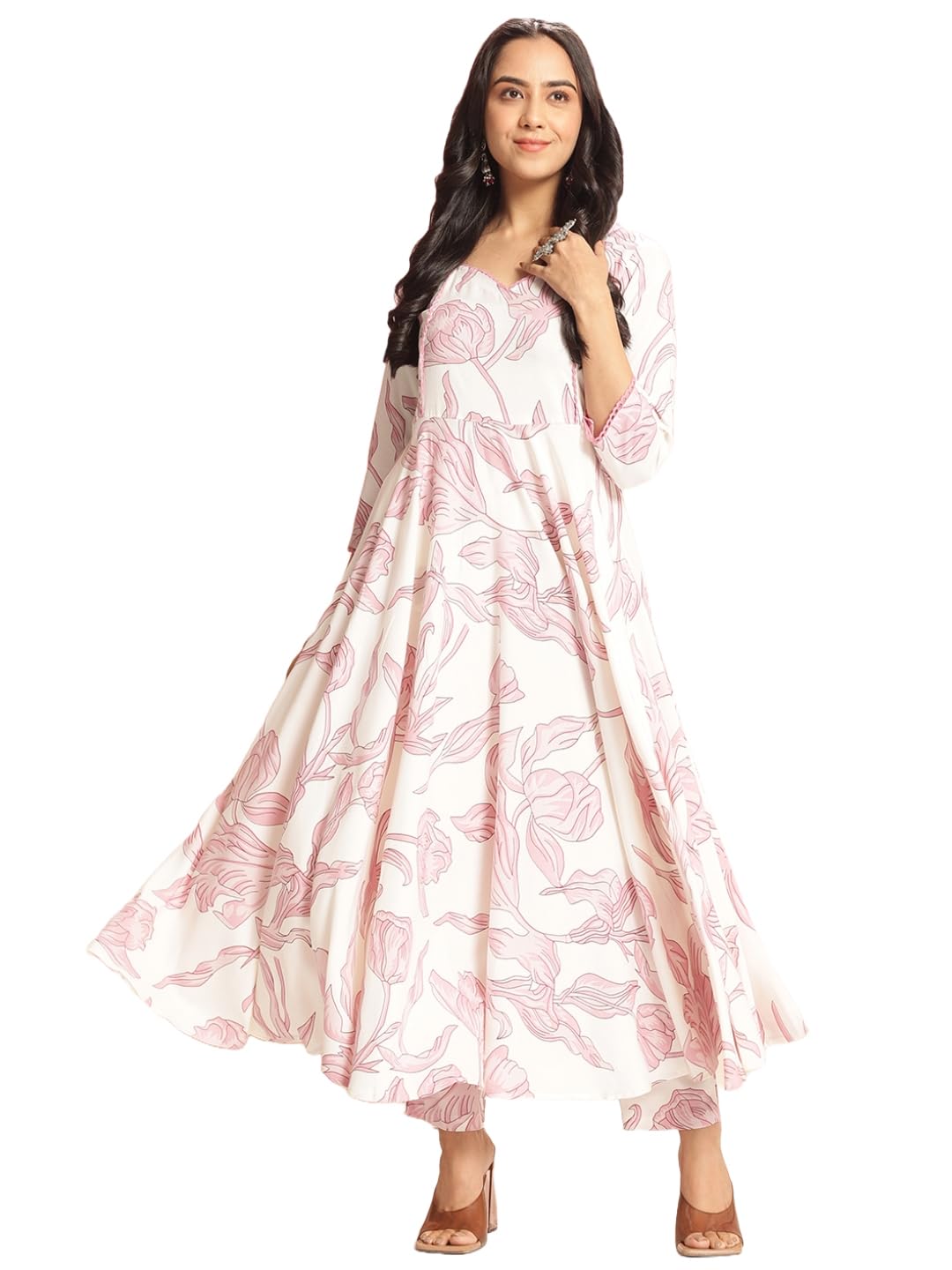 ANNI DESIGNER Womens Rayon Viscose Anarkali Printed Kurta with Pant (Rishiva Cream_XL_Cream_X-Large)