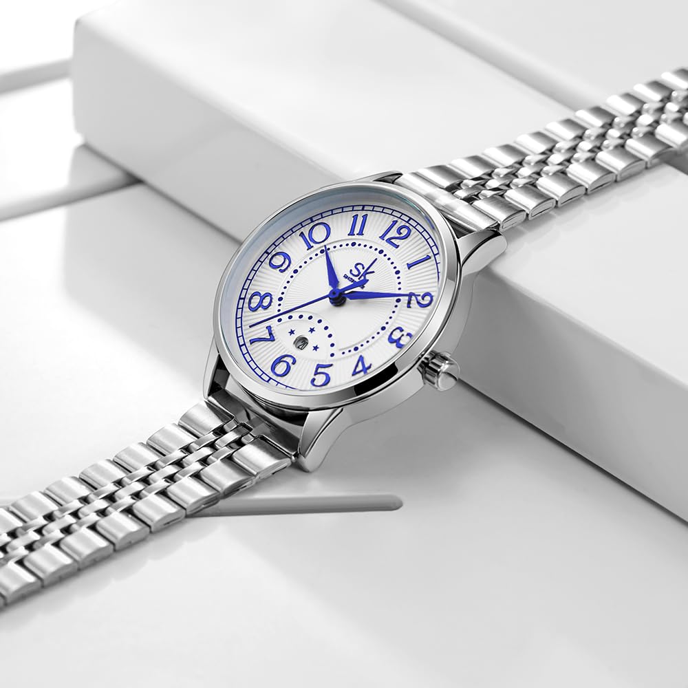 SHENGKE SK Business Classic Women Watch with Calendar Genuine Leather Stainless Steel Band Elegant Ladies Watch (Arabic-Steel)