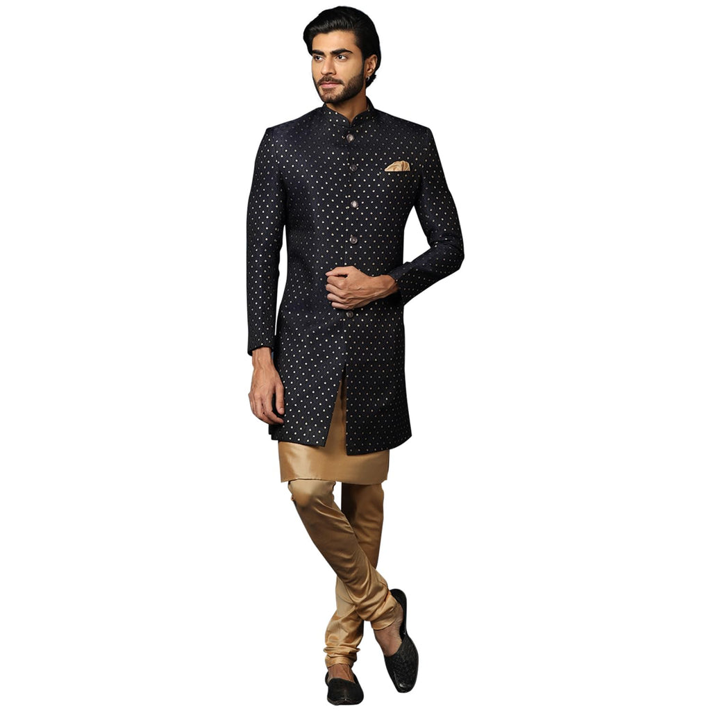 Kisah MenS Navy Blue And Golden Indo-Western Kurta Sherwani Churidar Set Cotton Full Sleaves, Knee Length, Straight, Regular Fi