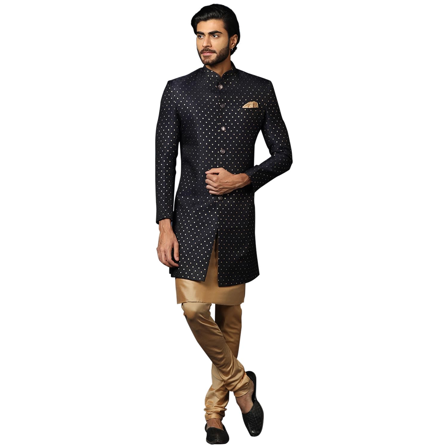 Kisah MenS Navy Blue And Golden Indo-Western Kurta Sherwani Churidar Set Cotton Full Sleaves, Knee Length, Straight, Regular Fi