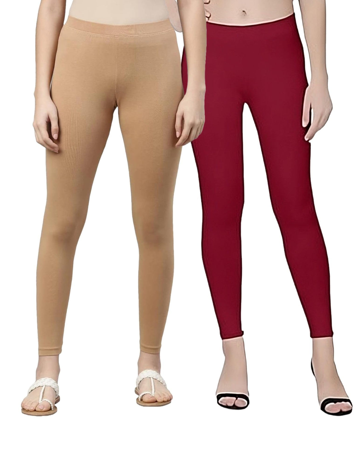 Zayanqa Combo Of Beige Maroon Slim Fit Women/Girls Solid Stretchable Cotton Ankle Length Leggings With Ultrasoft Wide Elastic Wa 3