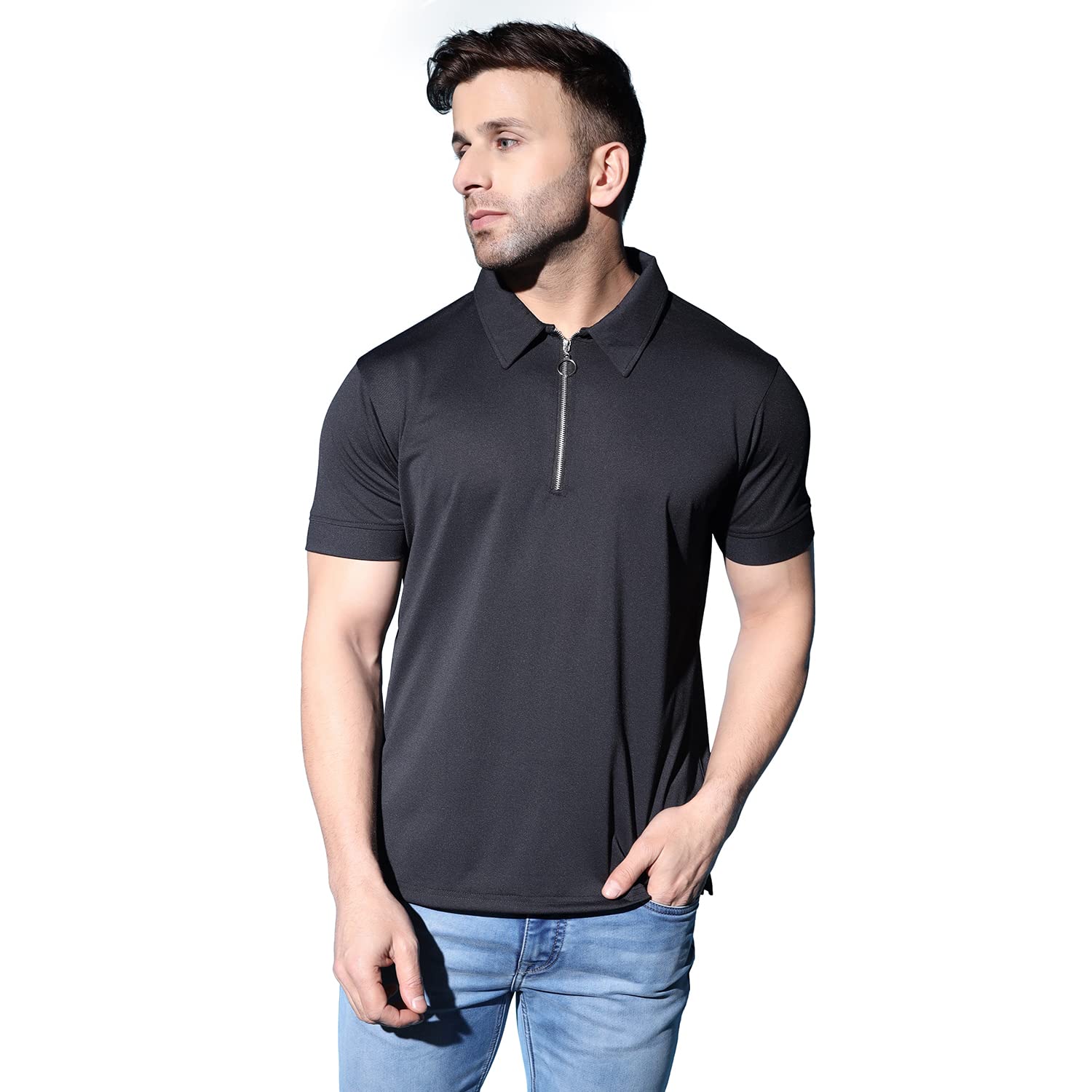Leriya Fashion MenS T-Shirt | Cotton & Polyester Solid Varsity Inspired Regular Fit T-Shirt For Boys | Polo-Neck With Zip | Per