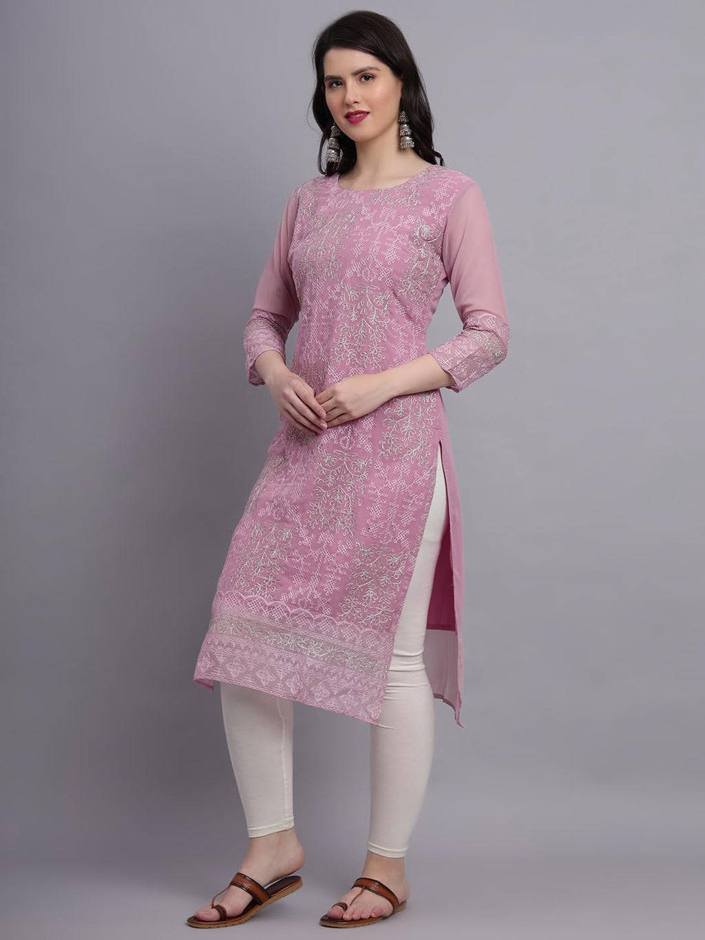 Vairagee WomenS Georgette Straight Cut Round Neck Kurta With Beautiful Lucknowi Chickenkari Work (1605)
