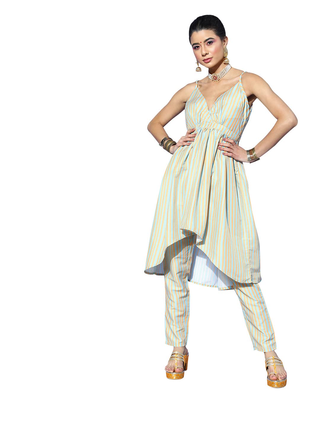 Ziyaa Women'S Pista Green Chinon A-Line Kurta And Pant Set(Zikuch3781Andpa-Xl)