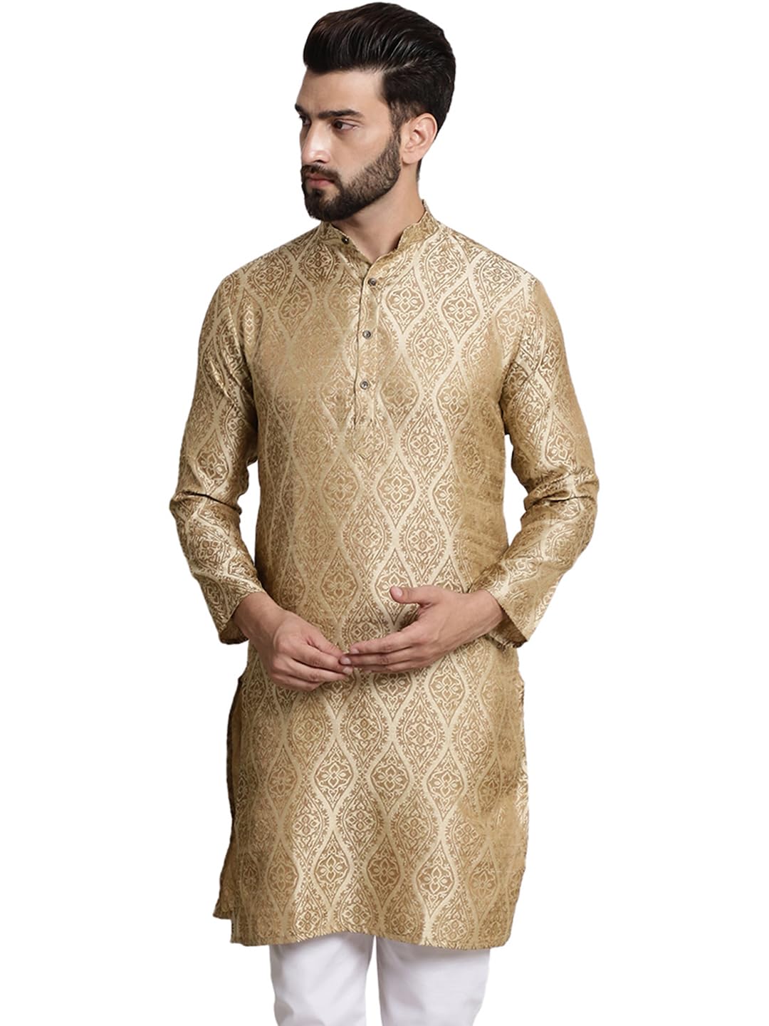SOJANYA (Since 1958 Mens Silk Blend Beige Color Self Design only Long Kurta