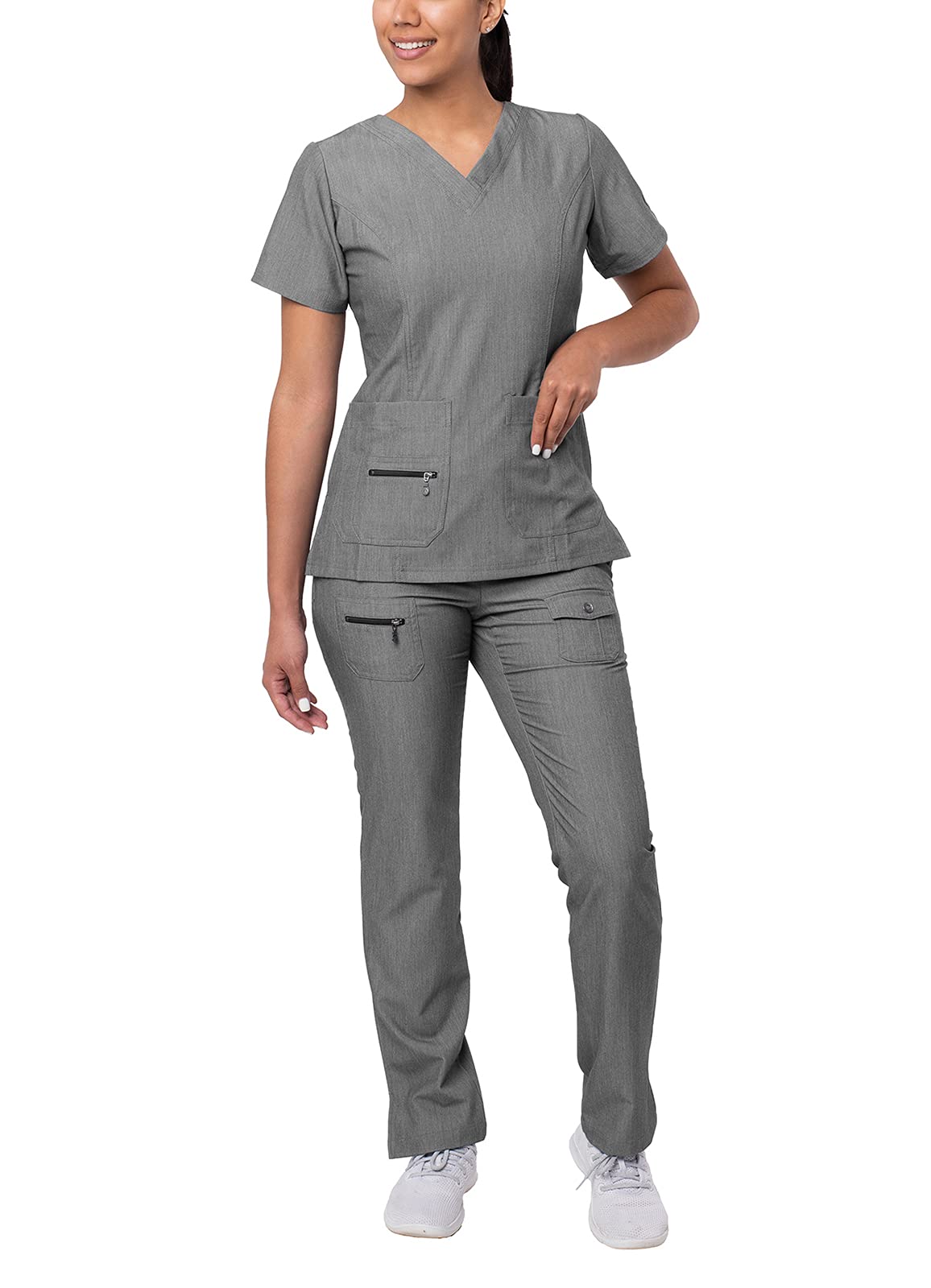 Adar Pro Heather Breakthrough Plus Scrub Set For Women - Enhanced V-Neck Top & Multi Pocket Pants - 4400H - Heather Grey - XS