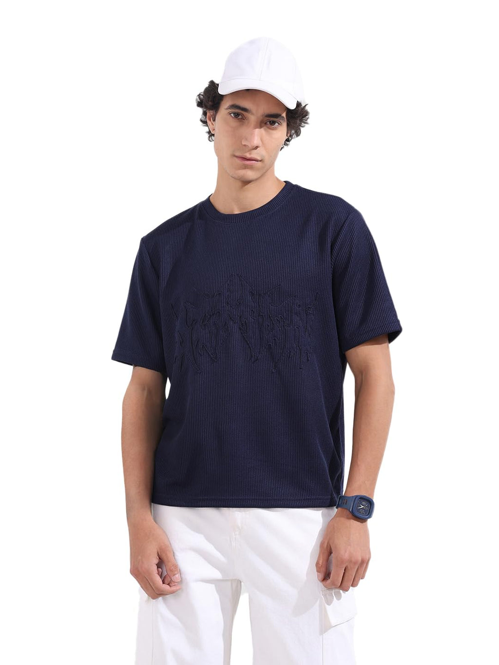 The Indian Garage Co Mens Textured Half Sleeves Boxy Crew Neck T-Shirt
