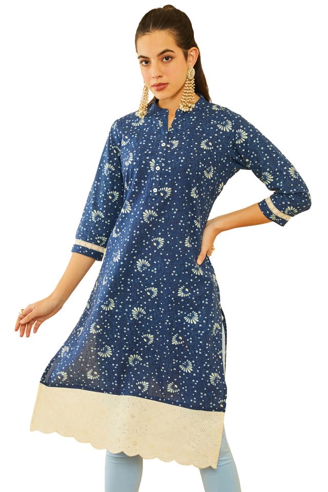 Soch Womens Indigo Cotton Floral Printed Straight Kurta