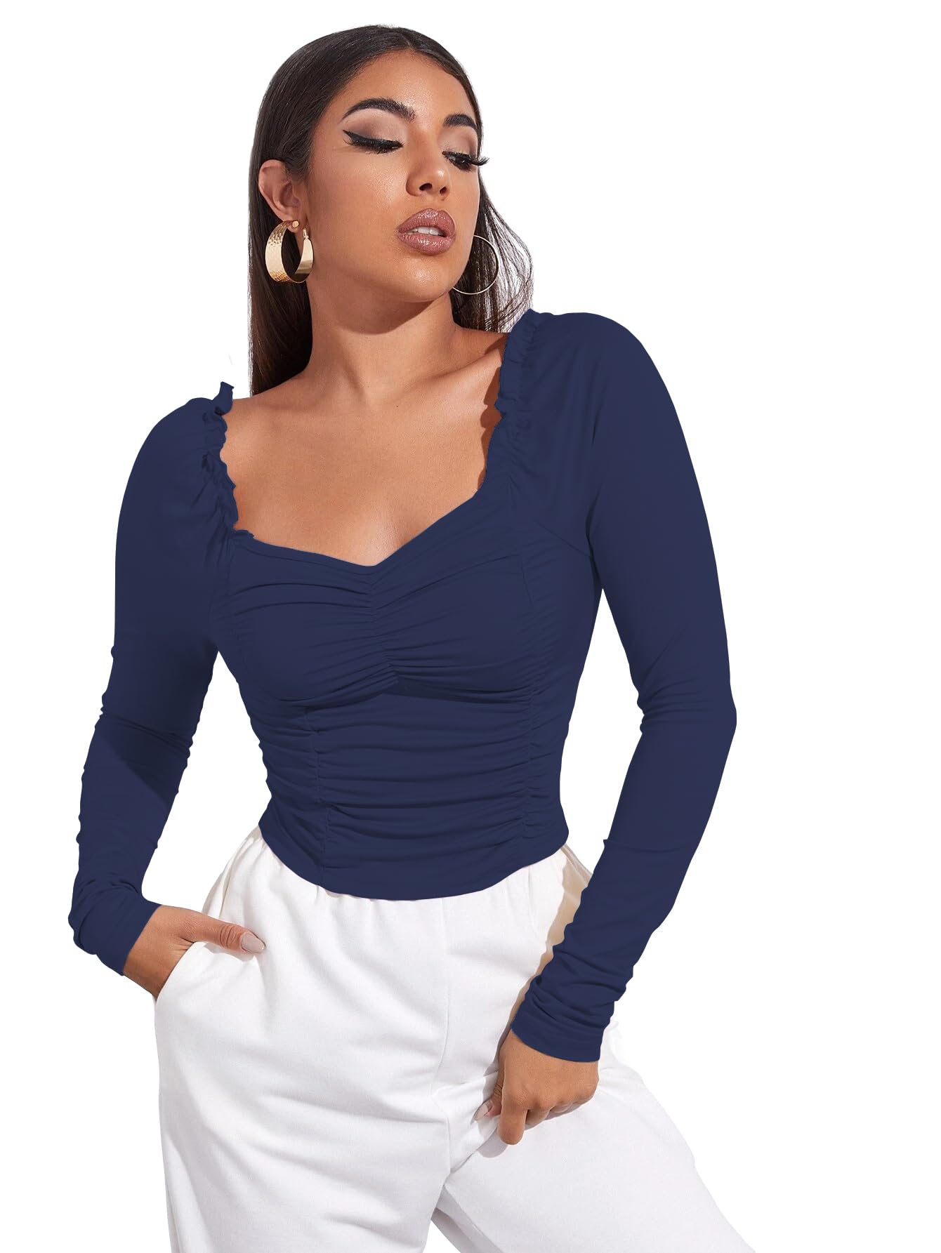 AVANOVA Womens & Girls Navy Blue Full Sleeve, Sweat Hear Neck, Frill Trim Ruched Crop Top for Women, Tops, T-Shirts for Girls 