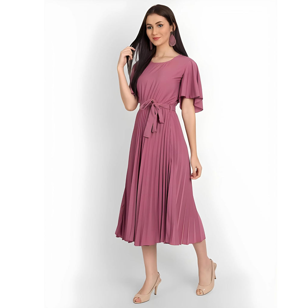 Kuduzo WomenS Crepe Midi Dress With Plated Style Round Neck Half Ruffle Sleeves Below Knee Length Solid Pattern And Regular Fit