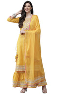 ishin Womens Cotton A-Line Embroidered Kurta suit set With Dupatta & Sharara Kpldsrd-19010_S_Mustard