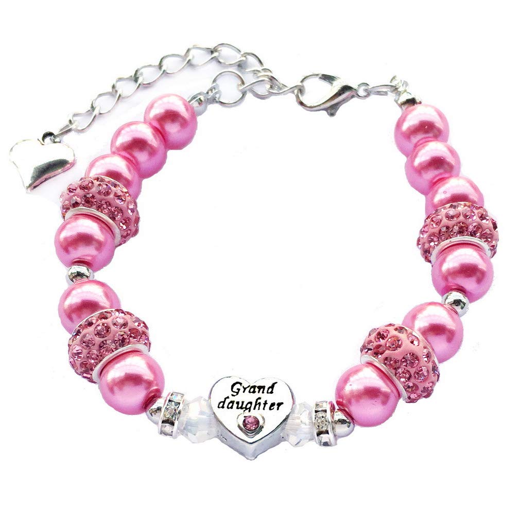 DOLON Dark Pink Glass Pearl Color Rhinestone Granddaugther Charm Bracelet Jewelry Wedding Bridal Birthday Christmas