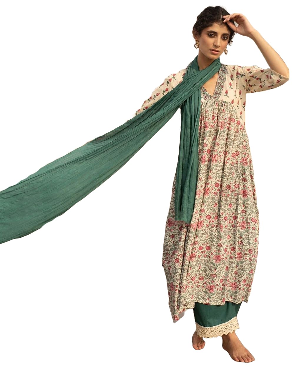 ANNI DESIGNER Womens Cotton Blend Anarkali Printed Kurta with Pant & Dupatta (TOKI White-NW_M_White_Medium)
