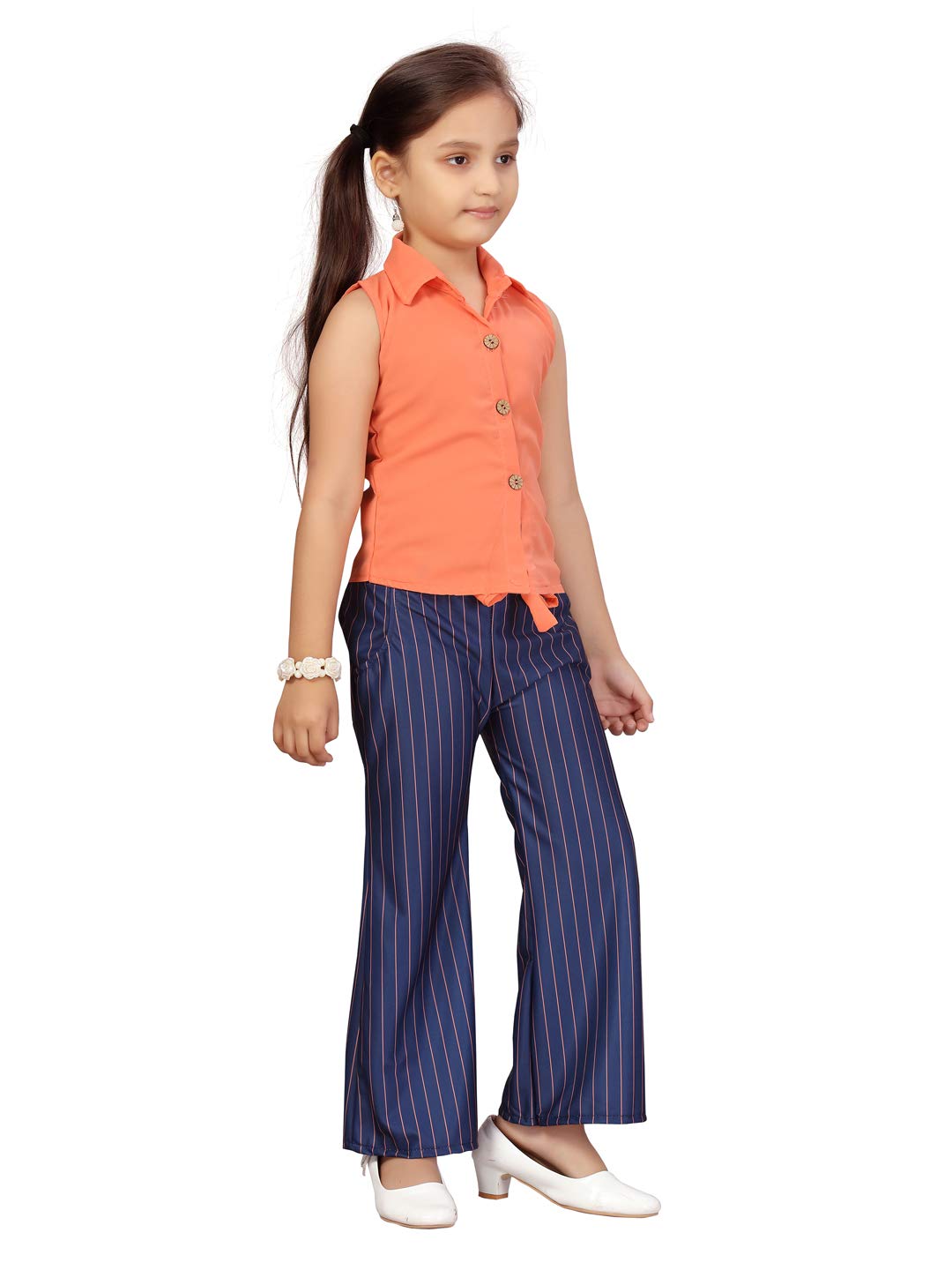 Aarika Girls Party Wear Peach-Navy-Blue Colour Blended Solid Top and Pant-(3-9 Years)-(JUNE_DR-1610-PEACH-28)