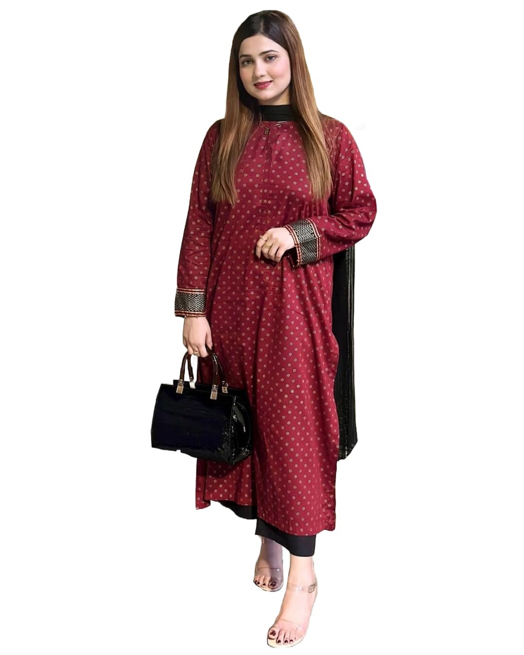 ANNI DESIGNER Womens Rayon Blend Straight Printed Kurta with Palazzo & Dupatta (DEBASHREE Maroon_M_Maroon_Medium)