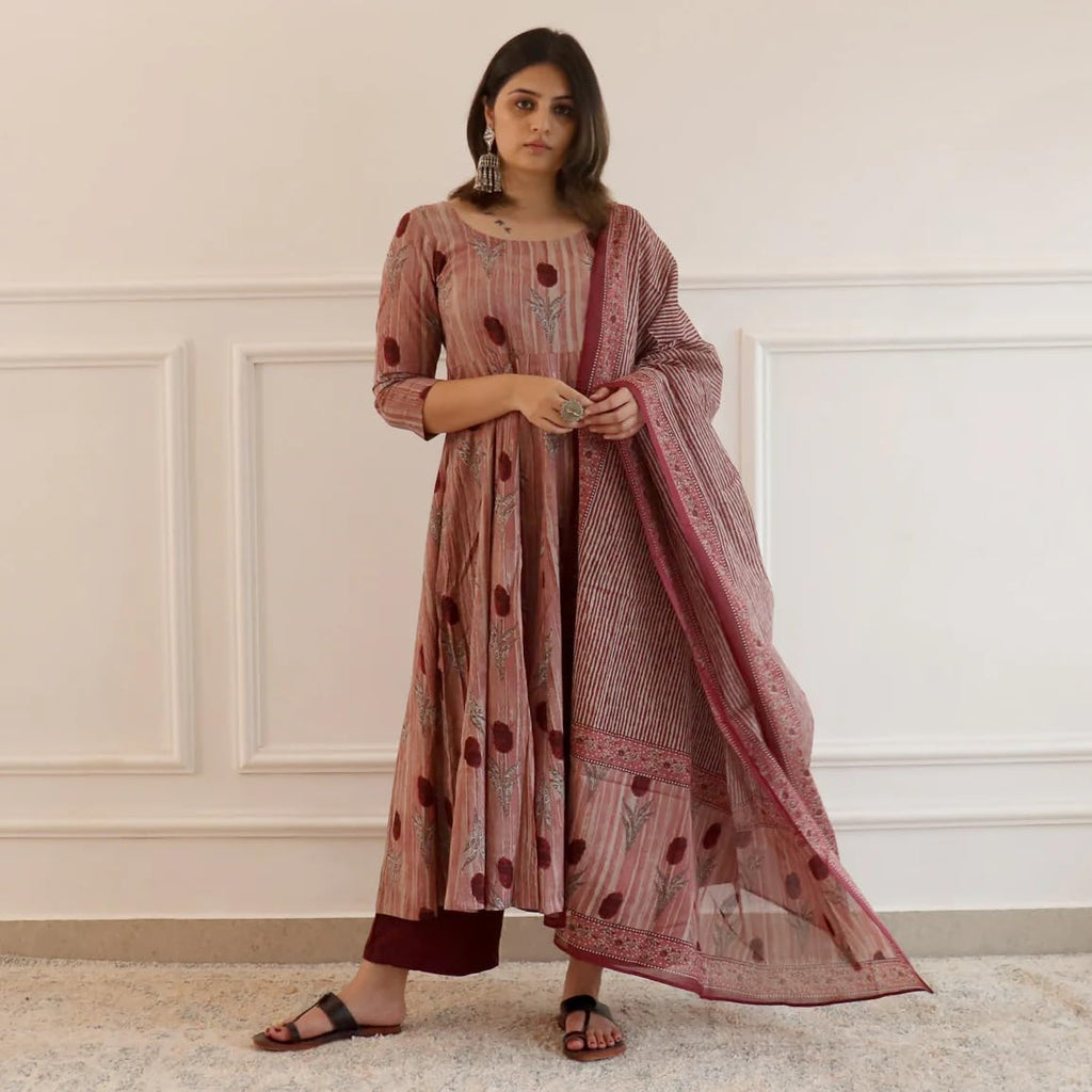ANNI DESIGNER Womens Rayon Blend Printed Anarkali Kurta with Pant & Dupatta (Prisha Wine_3XL_Wine_XXX-Large)