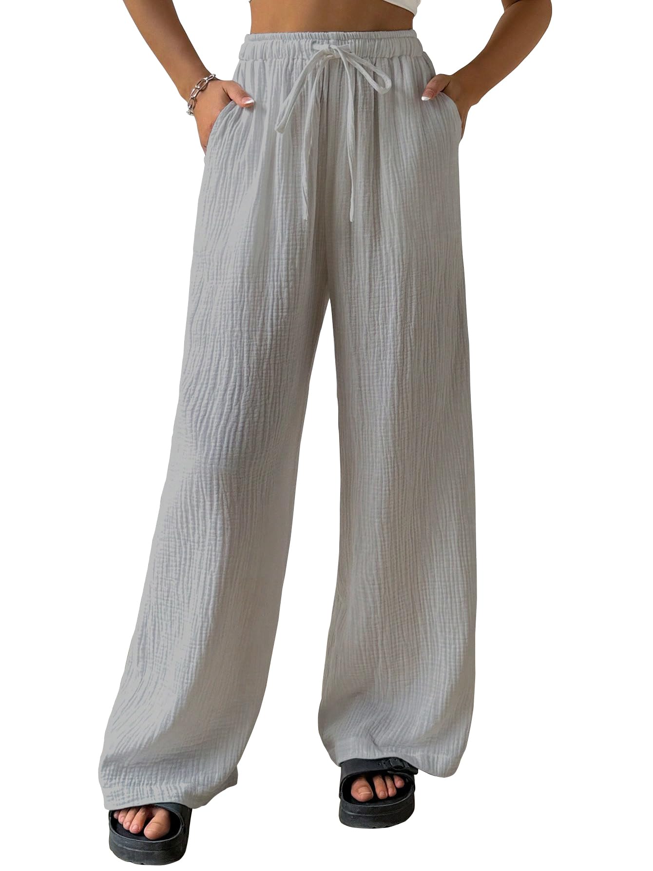Shasmi Womens Light Grey Loose Wide-Leg Pants with Textured Wrinkled Fabric and Drawstring Waist Long Trousers (Pant 157 Light 