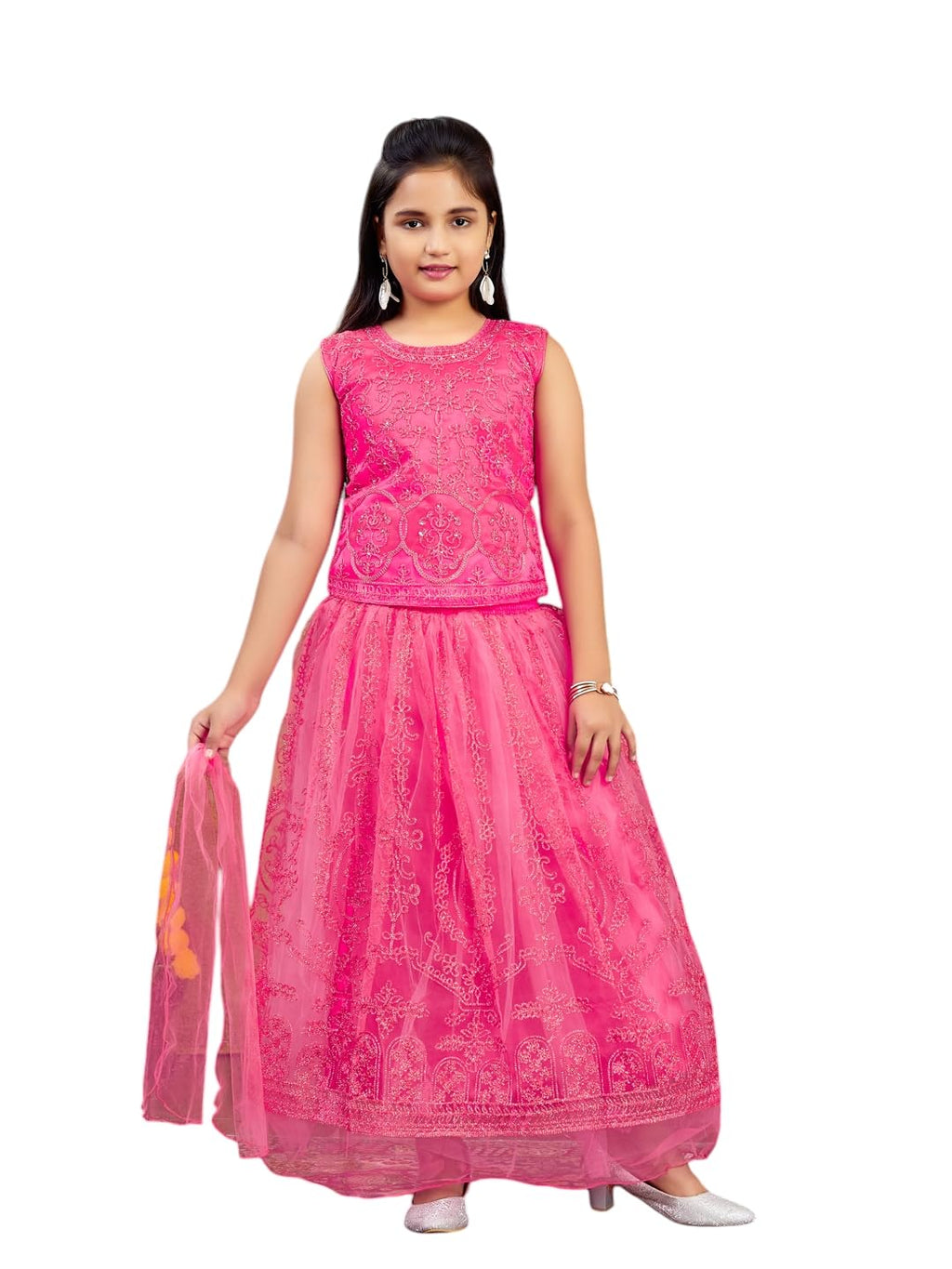 Aarika Girls Ethnic Wear Gajri Colour Thread Embroidery Net Lehenga Choli Set (4-10 Years)