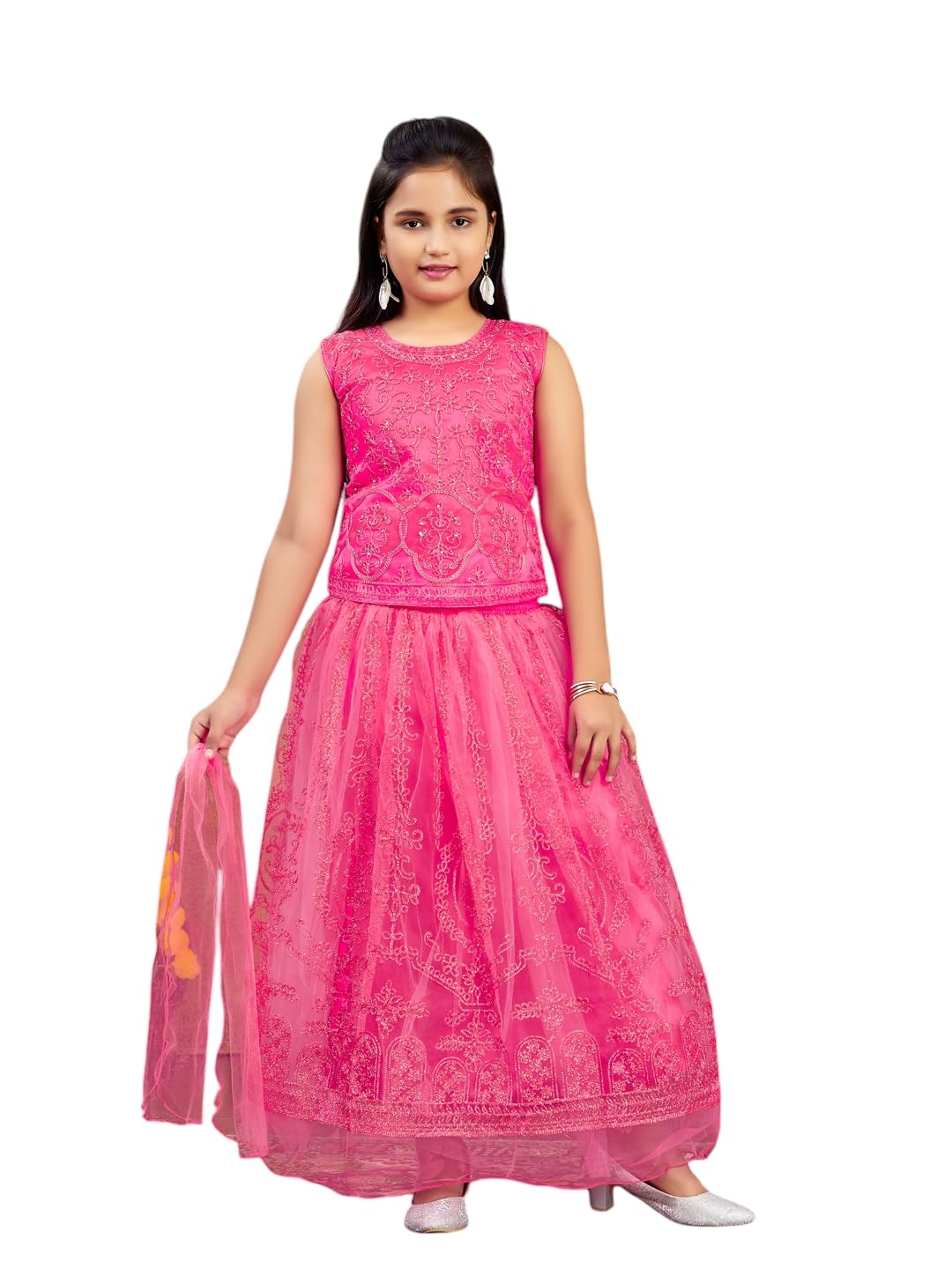 Aarika Girls Ethnic Wear Gajri Colour Thread Embroidery Net Lehenga Choli Set (4-10 Years)