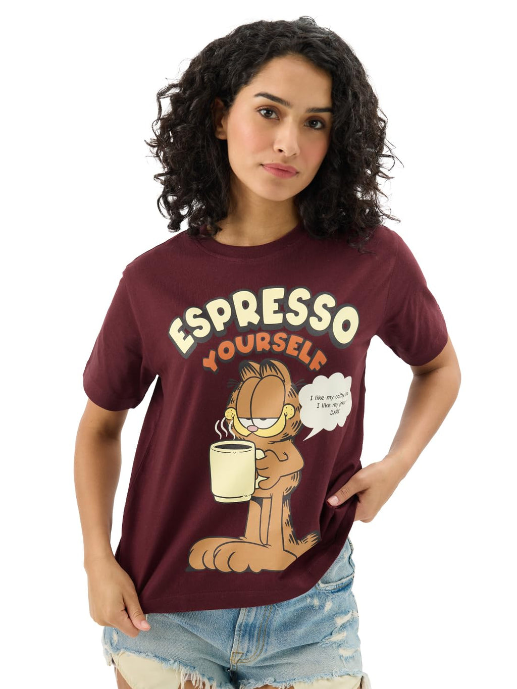 The Souled Store Official Garfield: Espresso Women and Girls Short Sleeves Round Neck Maroon Graphic Printed Regular Fit Cotton 