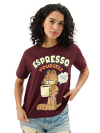 The Souled Store Official Garfield: Espresso Women and Girls Short Sleeves Round Neck Maroon Graphic Printed Regular Fit Cotton 
