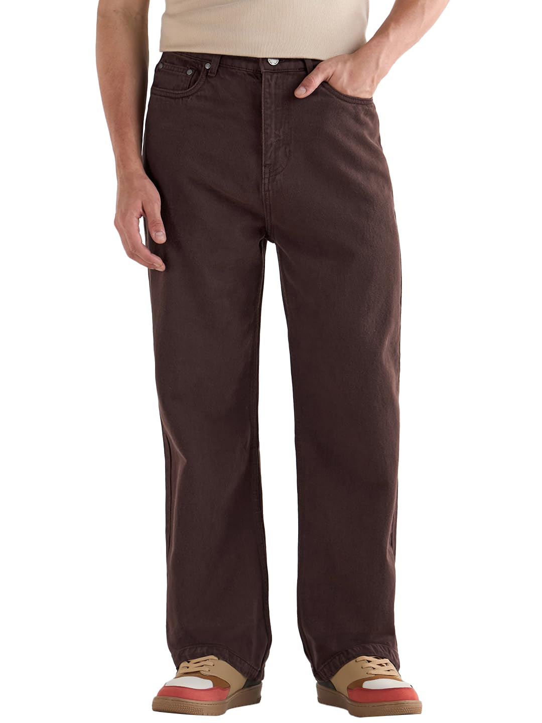 Bewakoof Mens Solid Baggy Fit Cotton Jeans_624673_Brown_34