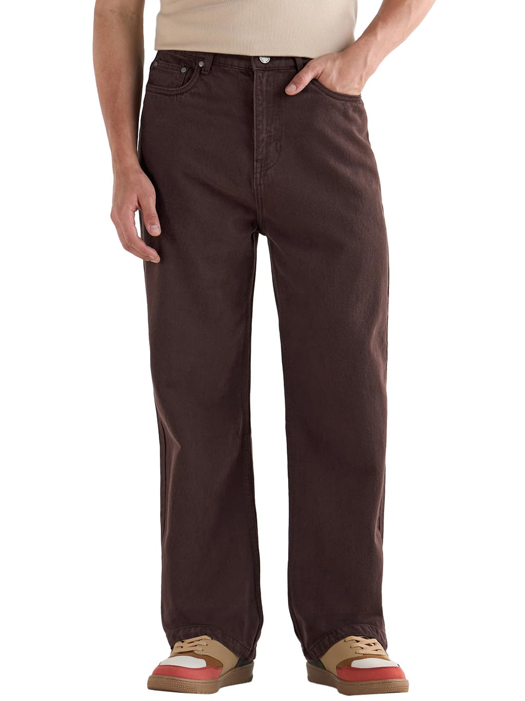 Bewakoof Mens Solid Baggy Fit Cotton Jeans_624673_Brown_38