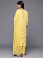 Varanga WomenS Mustard Woven Design Round Neck, Three Quarter Sleeves Paired With Tonal Bottom And Dupatta.