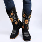 gloryinterest Cowboy Boots for Women Mid Calf Cowgirl Western Boots Sunflower Embroidery Stitched Square Toe Low Heel Black Brow