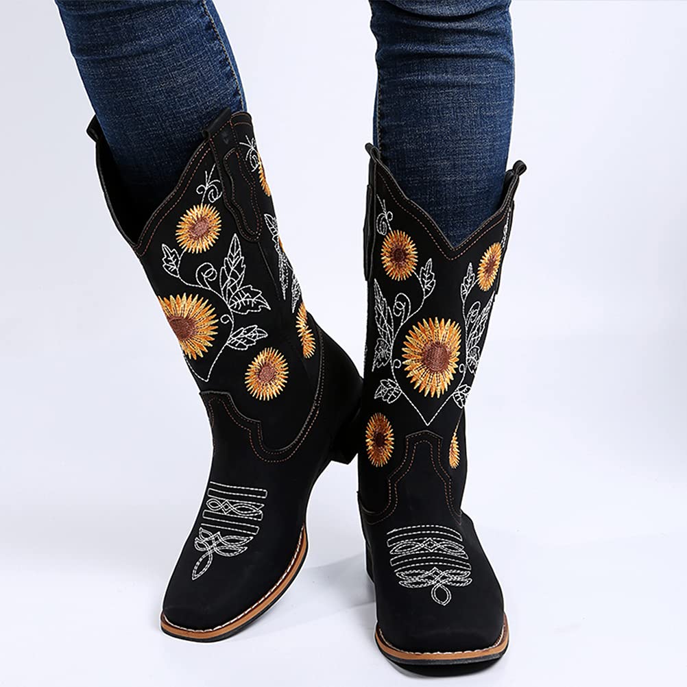 gloryinterest Cowboy Boots for Women Mid Calf Cowgirl Western Boots Sunflower Embroidery Stitched Square Toe Low Heel Black Brow