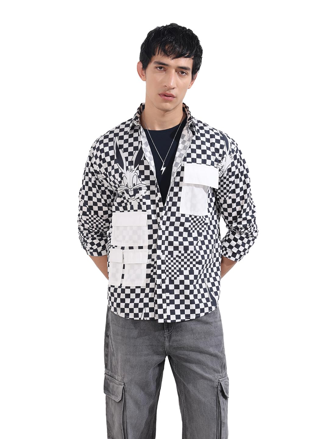 The Indian Garage Co Mens Relaxed Fit Looney Tunes Cutaway Collar Long Sleeves Street Sweater