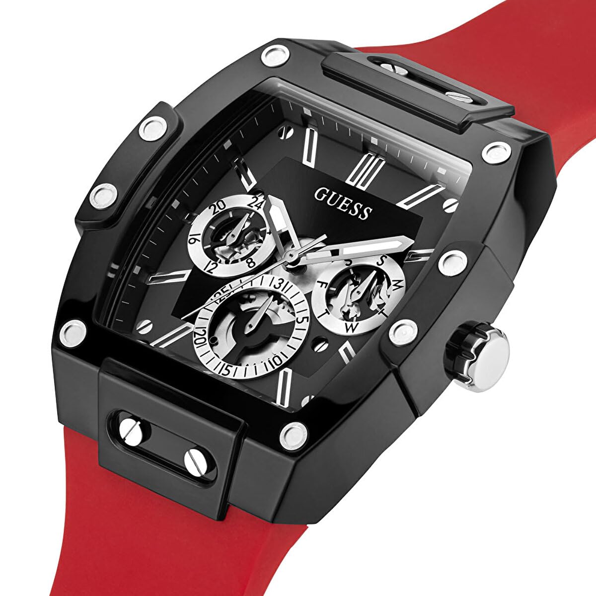 GUESS Mens Casual Multifunction 43mm Watch - Black Polycarbonate Case with Black Skeleton Dial & Red Silicone Strap