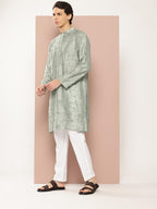 See Designs Mens Long Sleeve Side Slit Sea Green Embroidered Thread Work Chanderi Silk Straight Mandarin Collar Kurta - SDKT287
